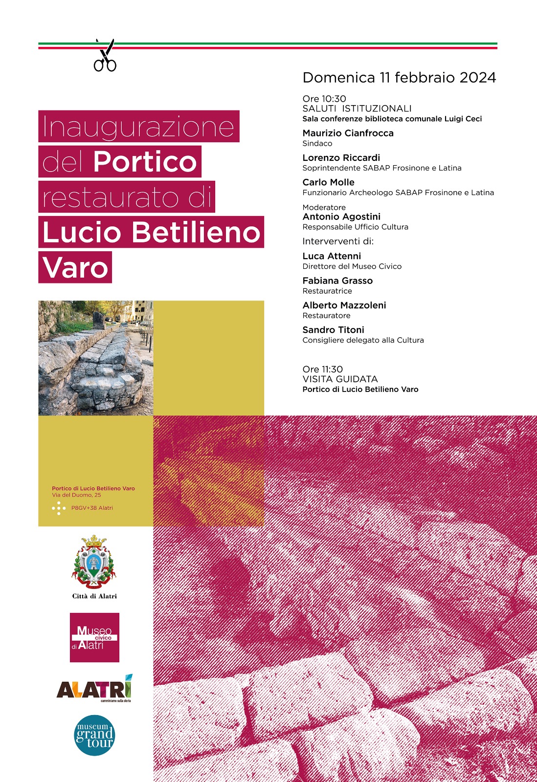 Locandina cerimonia di inaugurazione dei restauri del Portico di Lucio Betilieno Varo